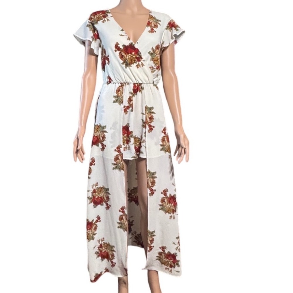2Sable Floral Maxi Romper Dress Womens Small Open Front Flutter Sleeve Cream Red